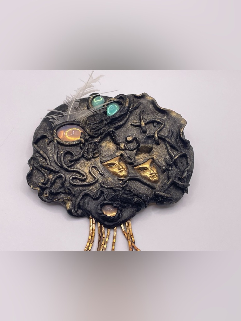 Vintage Venetian Mask Brooch Art Nouveau Style Cabochon Statement Pin